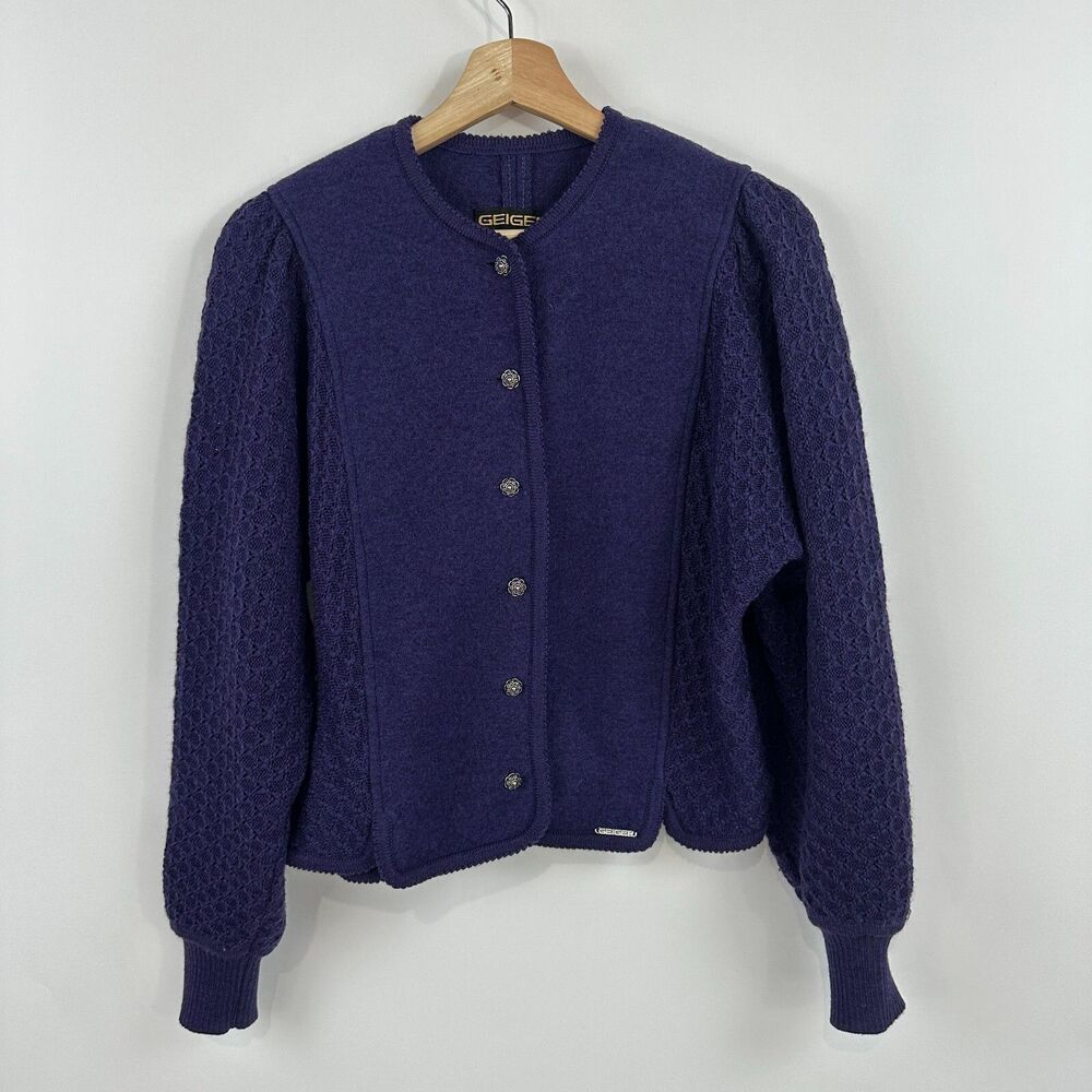 Geiger Sweater Cardigan 36 / Small Purple Boiled Wool Knit Jacket 80's Austria